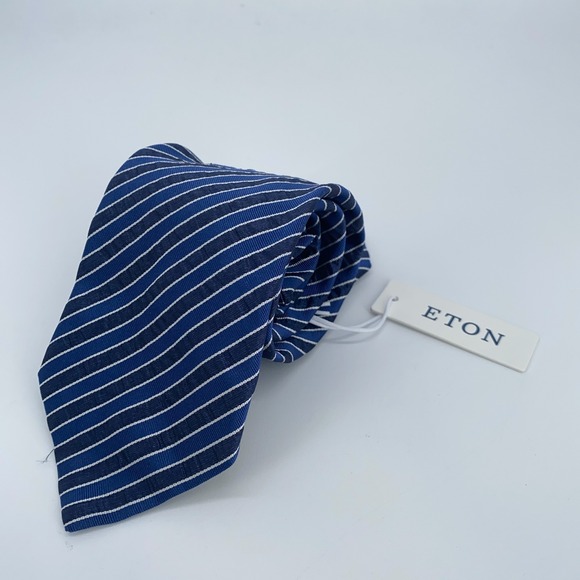 Eton Tie Mens One Size Navy Blue Striped Luxury Classic Necktie Italy‎ Made NWT